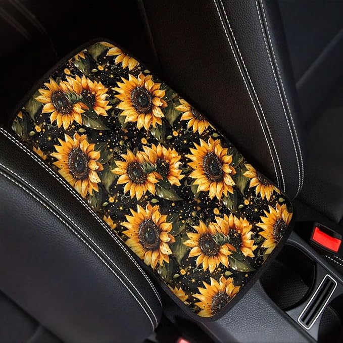 Dreaweet Sunflower Car Center Console Cover Cute Car Accessories for Women Soft Comfortable Car Armrest Cover Pad Center Console Cover Replacement
