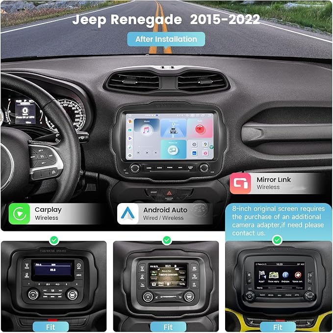 Roadanvi Car Radio for Jeep Renegade 2015-2022 Wireless Carplay/Android Auto, 9" Touch Screen Head Unit with Knob and Physical Button, Car Stereo with Gyroscope GPS Navigation, Bluetooth, WiFi,4G LTE