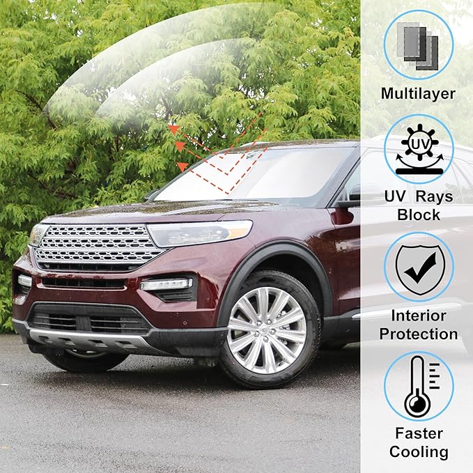 Windshield Sun Shade Fit for 2020-2024 2025 2026 Ford Explorer SUV, ST XLT, Limited, Platinum Accessories Foldable Sunshade Sun Visor Protector Keep Car Cool
