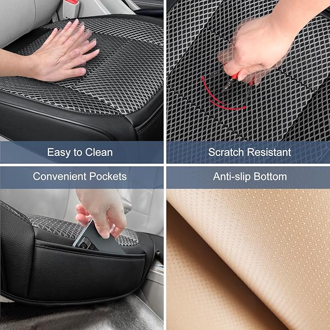 2 Pack Black Ventilated Bottom Car Seat Cover, 3D Air Mesh Breathable Front Leather Car Seat Protectors, Universal Fit Automotive Comfortable Seat Cushion with Storage Pocket for Car Truck SUV