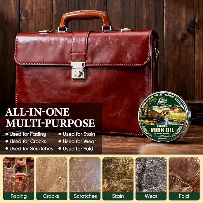 4-in-1 Mink Oil Leather Conditioner and Cleaner 3.52 oz - Premium Waterproof Formula for Leather Cowboy Boots,Shoes,Saddles & Bags with Horsehair Brush, Sponge & Microfiber Cloth