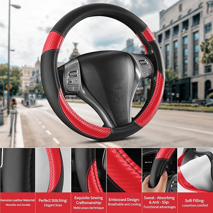 Non-Slip Car Nappa Leather Steering Wheel Cover,Universal Car Accessories Women Men Fit 14" 1/2-15" Suvs/Vans/Sedans/Cars/Trucks,Red
