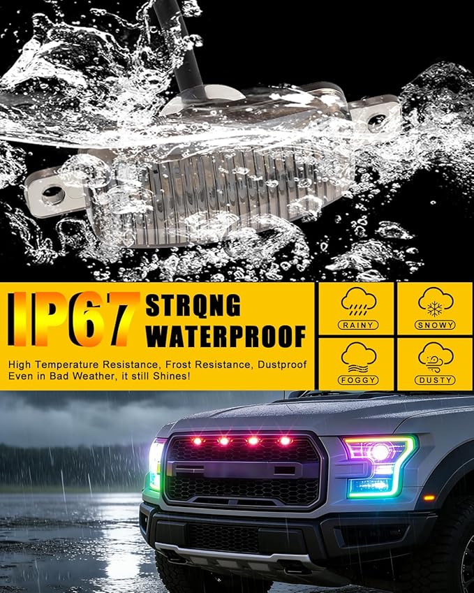 RGB Led Grille Lights APP Control 4 in 1 Colorful Underglow Rock LED Lights for Tacoma Truck Chevy Car Off-Road Raptor Jeep SUV ATV UTV DRL Decoration Signal LED Light