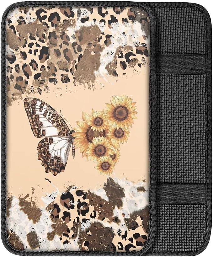 Suobstales Butterfly Sunflower Leopard Cow Print Car Armrest Pad Soft Center Console Arm Rest Protector Cover Universal Car Interior Accessories Decoration