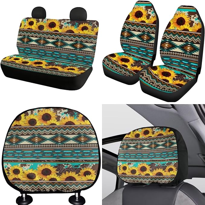 FKELYI Aztec Sunflower Car Seat Covers Full Set - Headrest, Steering Wheel Protector, Handbrake & Gear Shifter Covers, Cup Coasters