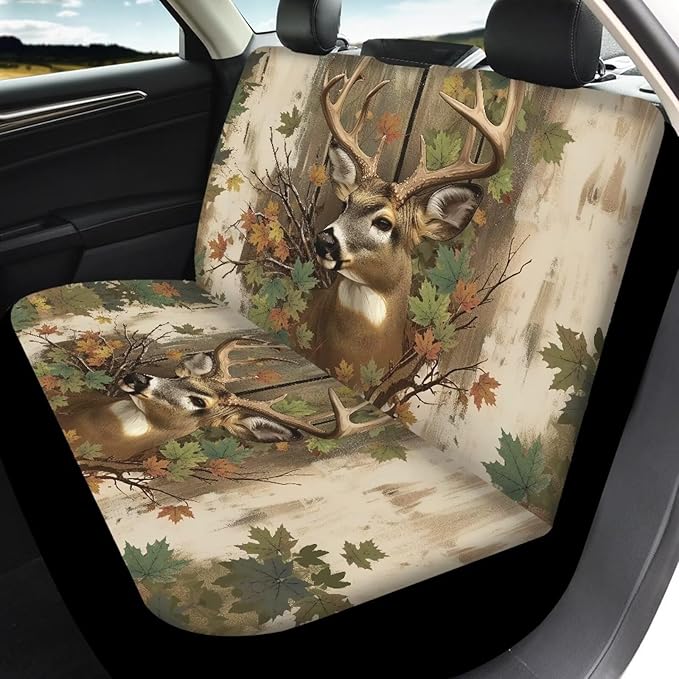 KEIAHUAN Deer Camo Hunting Car Seat Covers for Front and Rear Full Set 4 Piece Universal Front Bucket Seat Cover & Rear Bench Seat Protector Stretchy Breathable for Vans, Trucks, SUVs