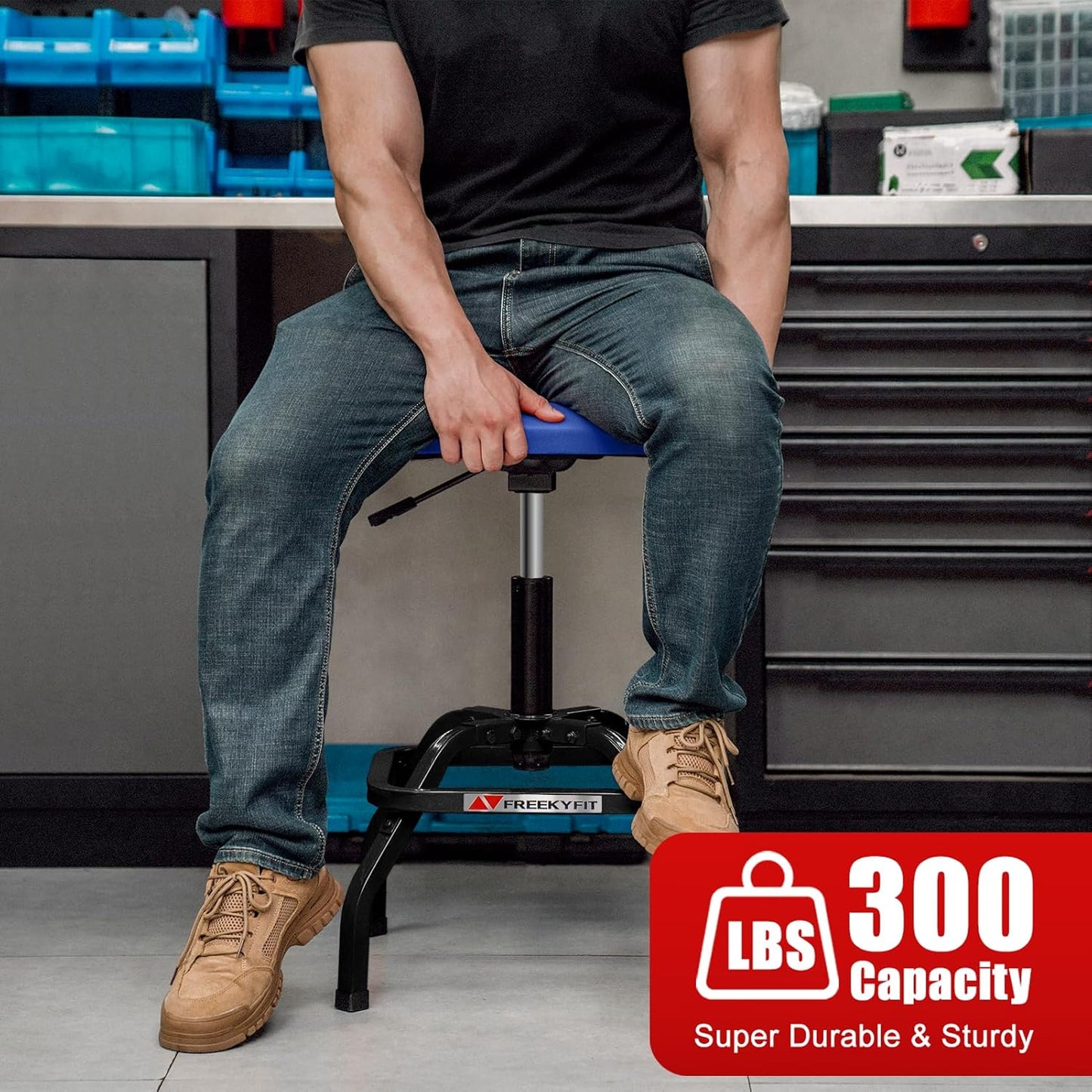 Shop Stool with Backrest, Mechanic Garage Stool for Workshop, Adjustable Shop Stools Chair, Padded Workbench Stools for Men Women, 300 LBS Capacity, 360° Swivel PVC Seat, Heavy Duty, Blue