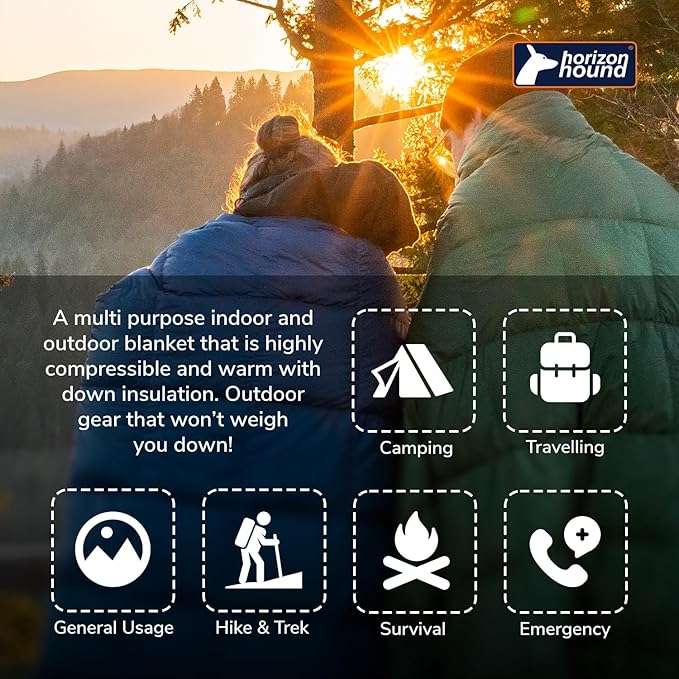 Horizon Hound Puffy Down Camping Blanket - Outdoor Travel Quilt | Sustainable, Insulated, Lightweight & Warm Gear for Sleep, Camping, Stadium, Hiking & Festivals | Water Resistant, Packable & Compact