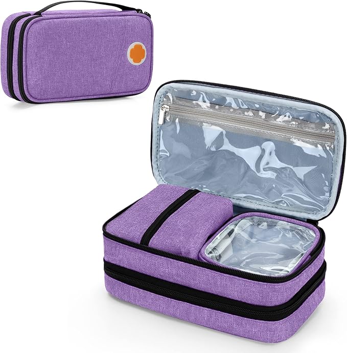 CURMIO Insulated Insulin Cooler Travel Case, Double Layer Diabetic Supplies Storage Bag with Detachable Pouches for Diabetic Medication and Ice Packs, Purple, Empty Bag Only