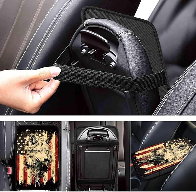 Wolf US Flag Print Car Center Console Armrest Cover,Armrest Cushion Cover Pad, Wolf Print Car Accessories Universal Fit