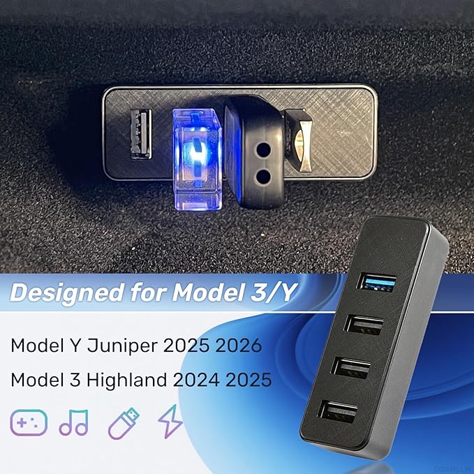 USB Hub for Tesla Model Y Juniper 2025 2026 Model 3 Highland 2024 2025, 4 in 1 Glove Box USB 3.0 Expander Glovebox Docking Station for Dashcam Flash Drive Charging Data Transferring Game Music
