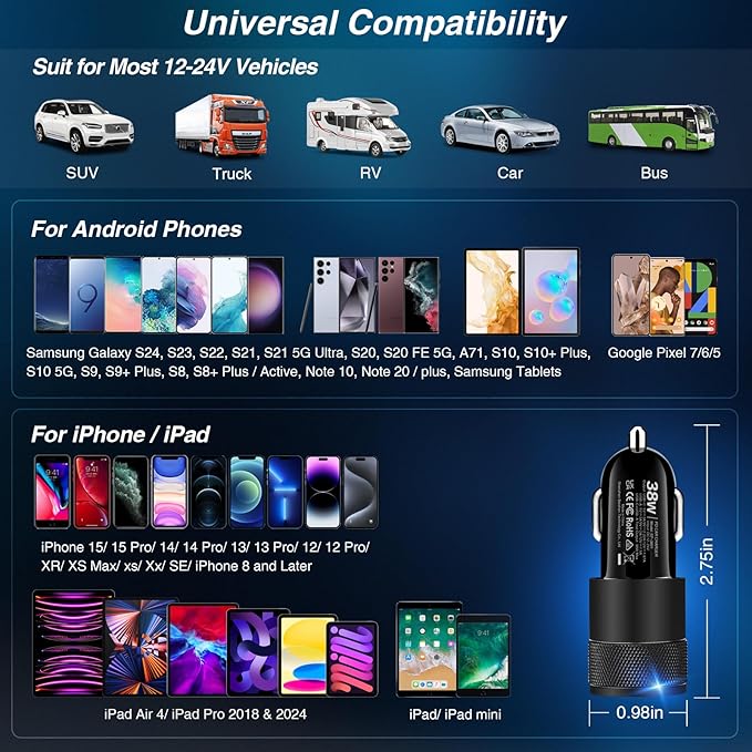 Car Charger, 5 Pack 38W Dual Ports USB-C & USB-A Car Chargers Adapter Fast Charging Cigarette Lighter USB Charger for iPhone 16 15 14 13, Samsung S24, Pixel Cargador para Carro Phone Plug for Car