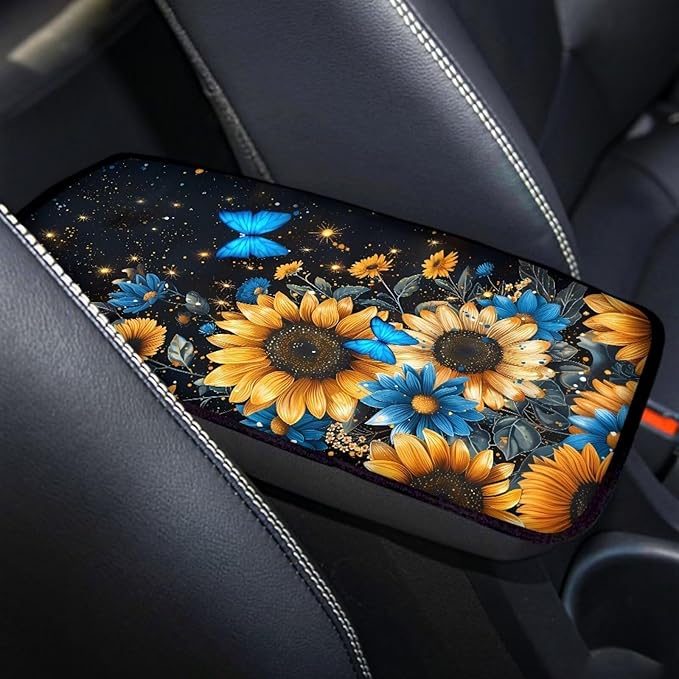 Dreaweet Car Center Console Cover Sunflower Butterfly Print Car Accessories for Women Universal Armrest Cover for Car Center Console,Car Armrest Seat Box Cover Protector,Black