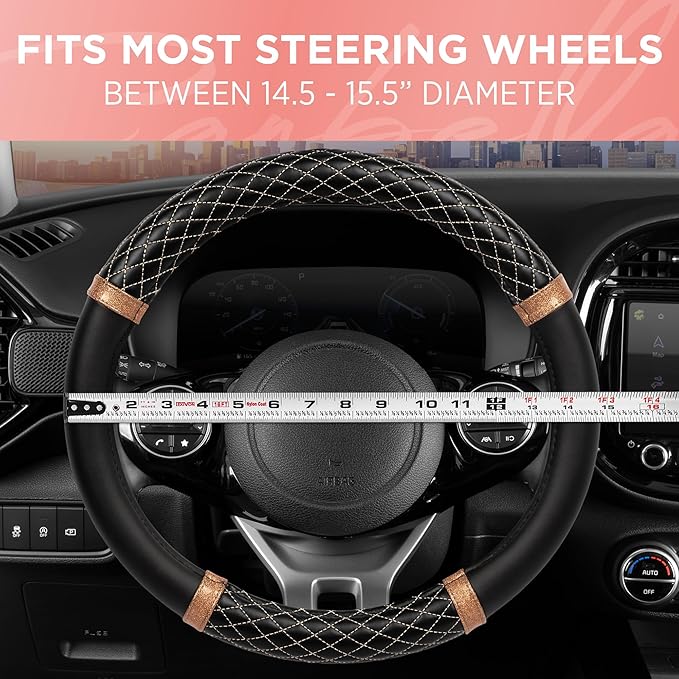Carbella Rose Gold Quilted Steering Wheel Cover - Elegant Craft 15" Steering Cover for Cars, Trucks, SUV Accessories Accent