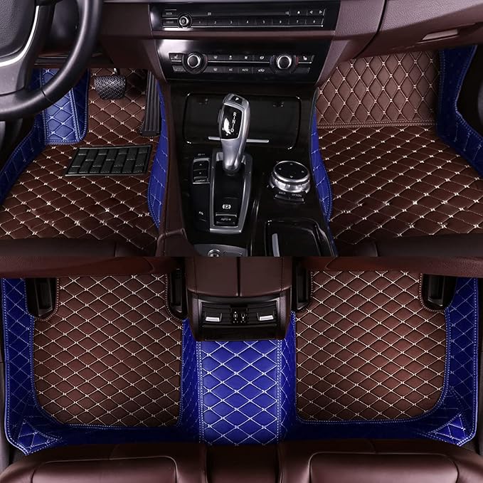MELKEN Custom Fit Leather Car Floor Mats for 95% of Cars Full Coverage Floor Liners Car Mats (Coffee & Blue)