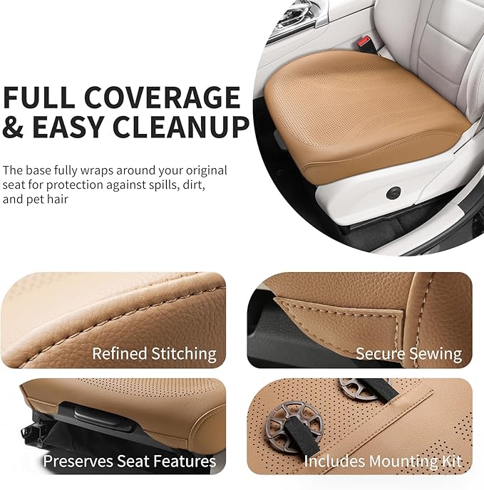 1 Piece Front Leatherette Seat Covers Faux Leather Bottom Car Seat Covers, Super Breathable,Anti-Slip,Universal Seat Covers for Cars,Full Wrapping Edge Fit for Most Sedans SUV Pick-up (Brown)