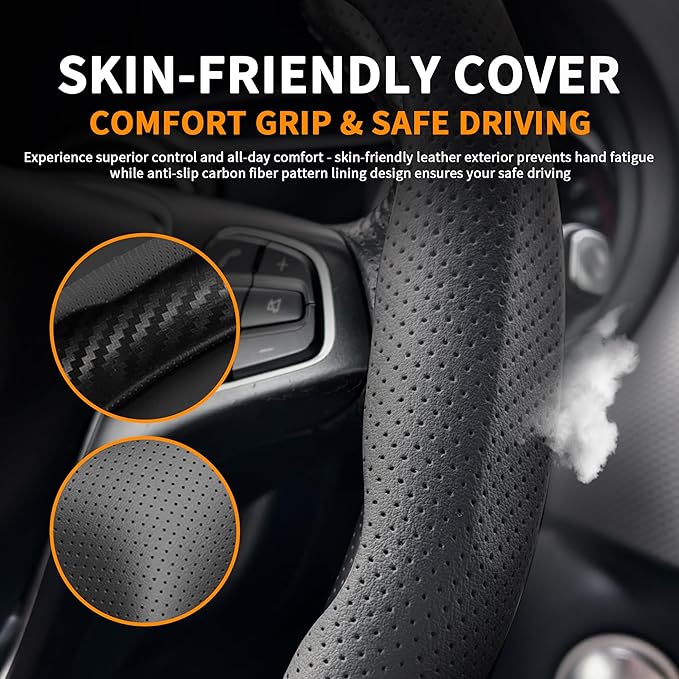 Nappa Leather Steering Wheel Cover, Universal 15 Inch Snap On Car Steering Wheel Cover for Men/Women, Comfortable & Breathable Microfiber Car Accessories Interior (Black)