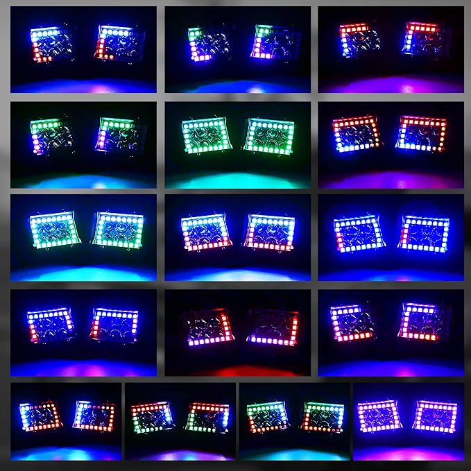 4PCS 4" inch LED Spot Work Light Bar with Multi-Color Chasing RGB Halo 16 Solid Colors Over 92 Flashing Modes Offroad Pods Lights LED Driving Lamp Fog Lights with Switch and Wiring Harness