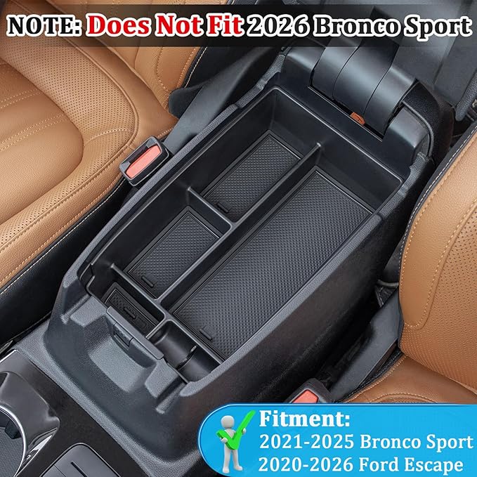 TOPINSTALL Center Console Tray Compatible with Bronco Sport 2021-2025/Ford Escape 2020-2026 Accessories, Long Compartment Storage Organizer Coin Container Black (Not for 2026 Sport)