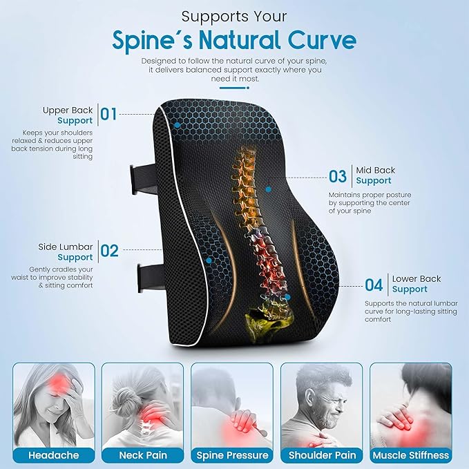 Lumbar Support Pillow for Office Chair and Car, Premium Memory Foam Back Cushion for Back Pain Relief Improve Posture Ergonomic Cushion with Breathable Mesh Cover and Adjustable Straps