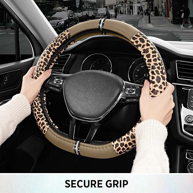Road Comforts Leopard Steering Wheel Cover - Made with PVC Leather Cheetah Print, D-Shaped Automotive Steering Wheels - Anti-Slip, Universal Fit 14 1/2 inches to 15 inches - Beige