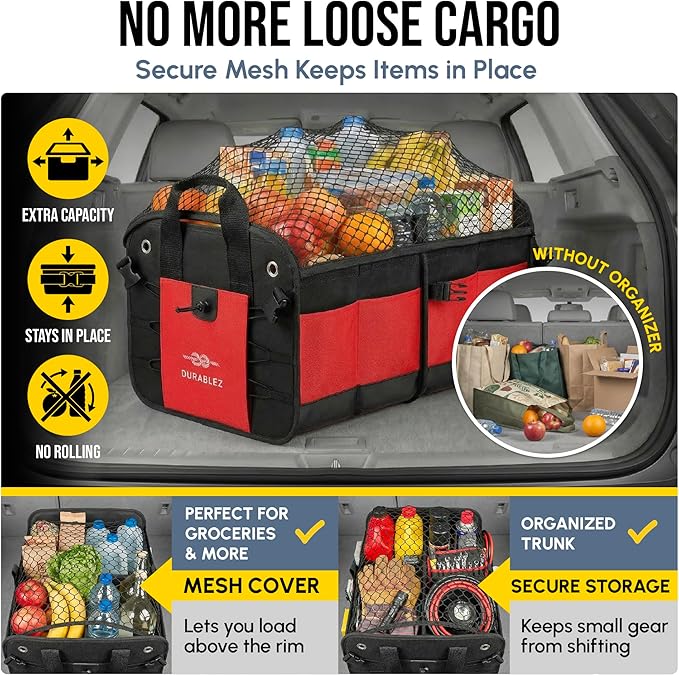 5-Section Trunk Organizer with Cooler – Extra Large Modular Car Storage System with Insulated Compartment, Foldable Multi-Module Cargo Organizer for Groceries & Travel – Red