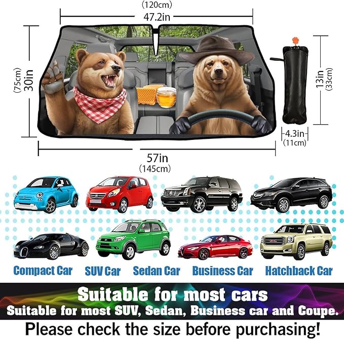 Funny Bear Driving Car Windshield Sun Shade Umbrella Fun Bear Sunshades for Car Windshield Upgraded Sun Visor Protector for Sedan SUV Most Vehicles Printed Front Window Shades