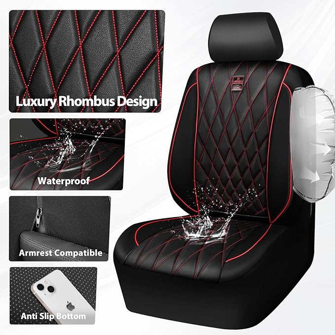 CAR PASS Piping Luxury PU Leather Two Front Car Seat Covers, Waterproof Anti Slip Seat Covers Compatible with Front Seat Armrests,Universal Fit for Suvs,Vans,Trucks,Airbag Compatible(Black and Red)