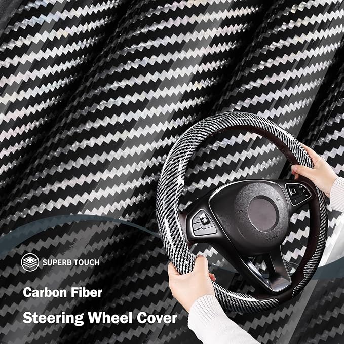 Car Steering Wheel Cover Carbon Fiber Snap On Steering Wheel Accessories Wrap 14.5-15 inch Universal Grip Anti-Skid Protector, Glossy Silver