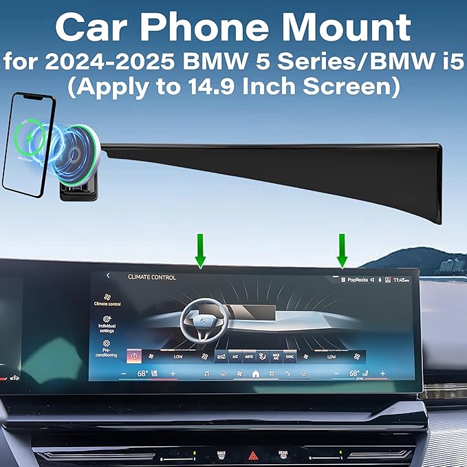 Car Phone Holder for 2024 2025 BMW 5 Series/BMW i5 Accessories Apply to 14.9 Inch Touch Screen 15W Fast Wireless Charger Screen Fixed Clip Cell Phone Mount Hands-Free 360 Degree Rotation