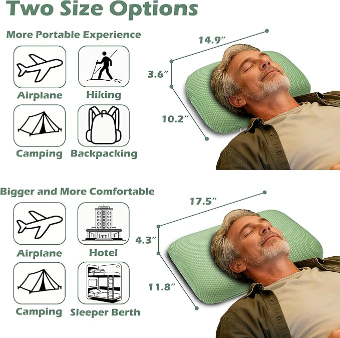 Cooling Camping Pillow, Memory Foam Travel Pillow with Adjustable Buckle Strap & Storage Bag, Compact Small Pillow for Airplane, Car Lumbar, Office, Washable Cooling Cover, Canopy Green