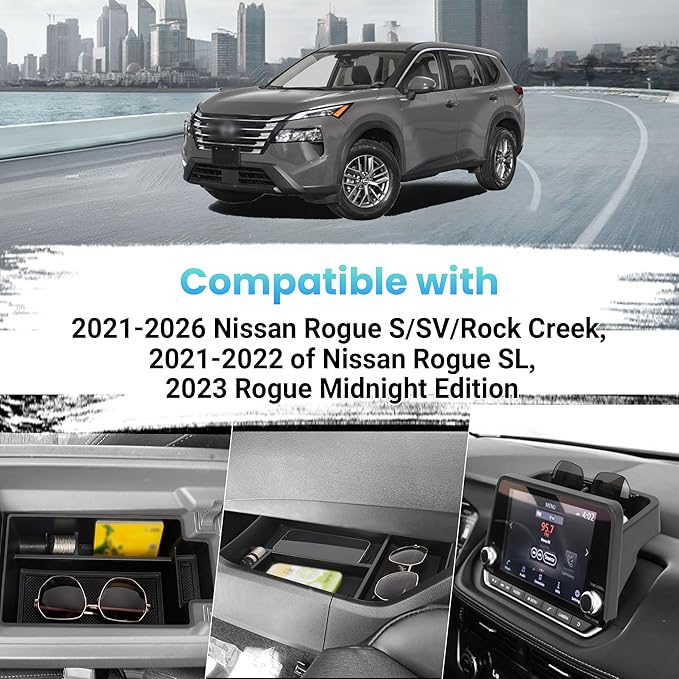 3PCS Center Console Organizer Compatible with 2021-2026 Nissan Rogue S/SV/Rock Creek, 2021-2022 Nissan Rogue SL, Lower Center Interior Storage Box, Dashboard Tray Only Fit 8-inch Screen
