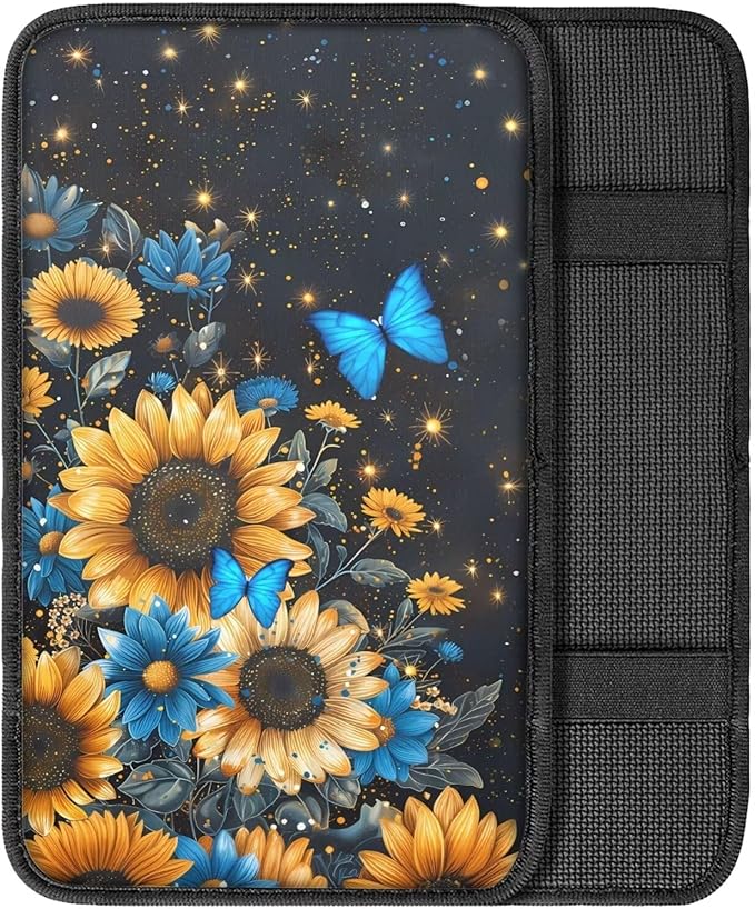 Dreaweet Car Center Console Cover Sunflower Butterfly Print Car Accessories for Women Universal Armrest Cover for Car Center Console,Car Armrest Seat Box Cover Protector,Black