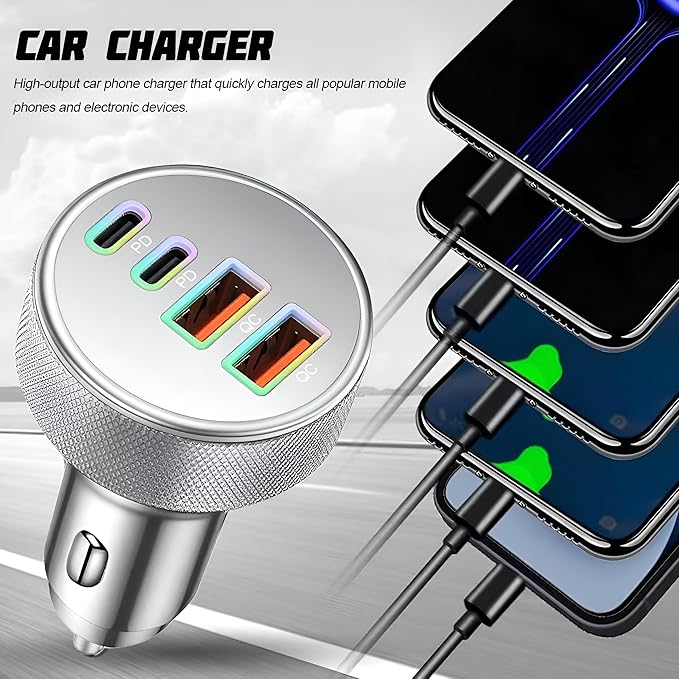 4 in 1 USB C Car Charger, 4-Port 90W PD QC Dual USB C & USB A Vehicle Fast Charging Cigarette Lighter Adapter, Multiport Auto Phone Charge Adapter, Fits 16 15 14 Pro Max Tablet (Silver)