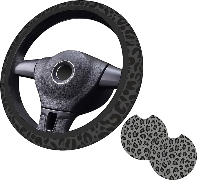 Black Leopard Print Steering Wheel Covern Cheetah Animal Print Steering Wheel Cover Anti-Slip Breathable Universal for 15 Inch Car Steering Suitable for Men Women,with 2 Pieces Car Coasters