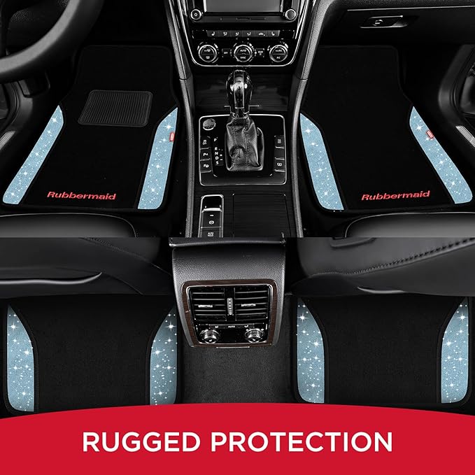 Rubbermaid Bling Car Mats, Carpeted Floor Car Mat with Faux Leather & Built-in Heel Pad, Two-Tone Car Rug Floor Mats, Stylish Carpeted Floor Mats for Cars, Trucks & SUVs Glitter Blue Color