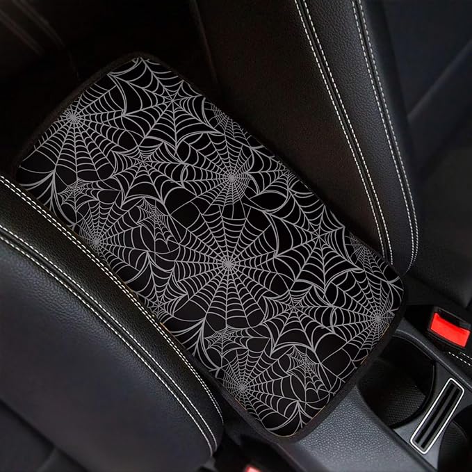 Dreaweet Spider Web Center Console Cover Halloween Car Accessories Interior Universal Arm Rest Cover for Truck SUV Non Slip Anti Scratch Car Armrest Storage Box Mat