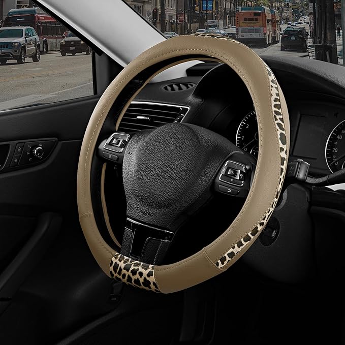 Road Comforts D-Type Steering Wheel Cover - Made with PVC Leather and Leopard Fabric - Universal Fit for 15-Inch D-Shaped Automotive Steering Wheels (Beige Color)