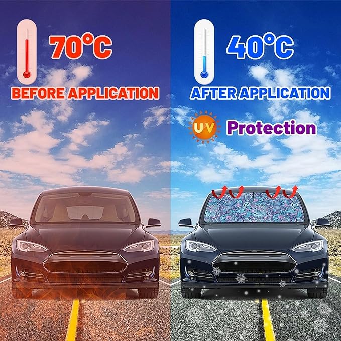 CHILL·TEK Funny Car Windshield Sun Shade Umbrella, 70s 80s Flower Car Sun Shade Umbrella, Block UV Rays Heat Foldable Windshield Umbrella Sun Visor Protector - Keep Vehicle Cool for Cars SUV