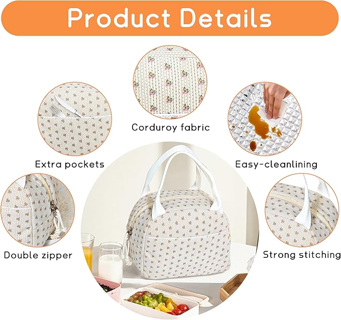 Lunch Bag for Women Insulated Lunch Box Cute Corduroy Lunch Tote Bags Reusable Large Capacity Cooler Bag for Travel Work Picnic