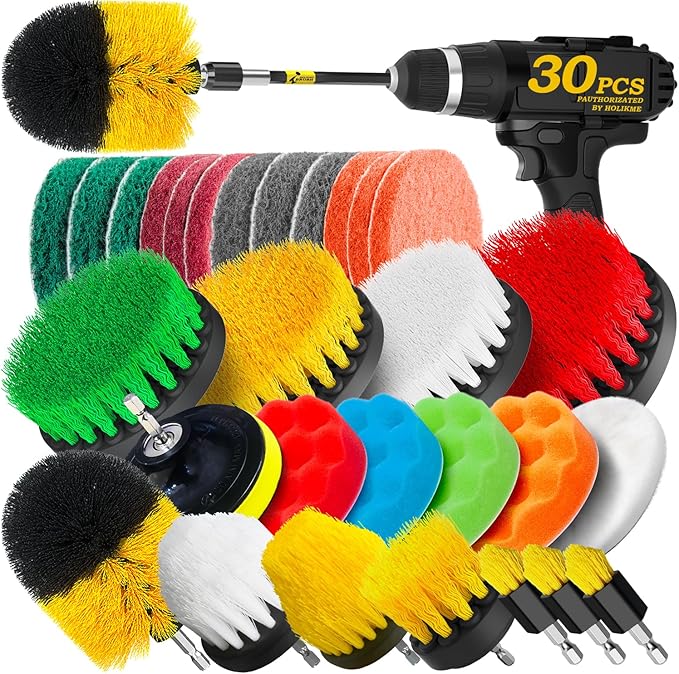 Holikme 30Pack Drill Brush Attachments Set,Scrub Pads & Sponge, Power Scrubber Brush with Extend Long Attachment All Purpose Clean for Grout, Tiles, Sinks, Car Polishing Pads,Bristle Discs