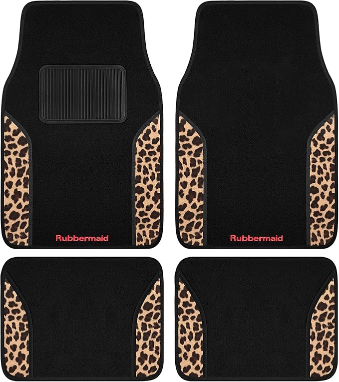 Rubbermaid Car Mats, Carpeted Floor Car Mat with Faux Leather & Built-in Heel Pad, Two-Tone Car Rug Floor Mats, Stylish Carpeted Floor Mats for Cars, Trucks & SUVs Leopard Patten Design