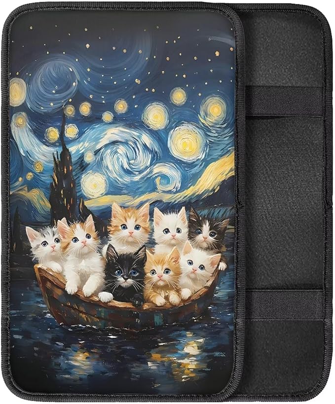 Auto Center Console Pad Oil Painting Starry Sky Cats Car Armrest Cushion Covers, Protect from Pet Claws, Dirt, and Sticky Fingers