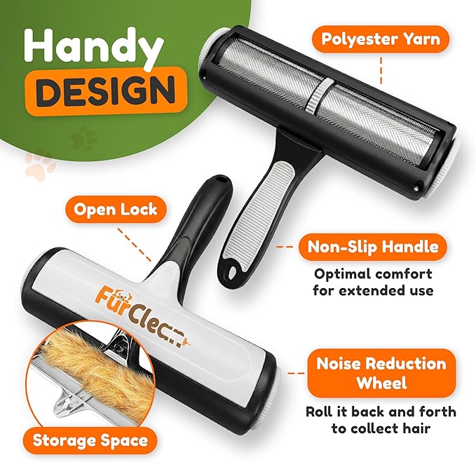 FurClean Pet Hair Removal Roller - Electrostatic Absorption Reusable Lint Rollers for Pet Hair - Cleaning Tool for Furniture, Couch and Carpet - Large Storage Compartment with Easy Disposal