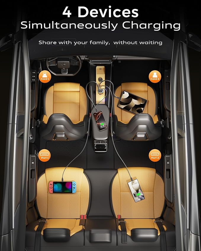 4 in 1 Car Charger, Retractable iPhone Car Charger Fast USB C Phone Charger, Cigarette Lighter with 2 Cable 25 Inch and 2 USB Ports, Multi Port USB Car Charging for iPhone 17/16/15/14/13 Pro Max-2Pack