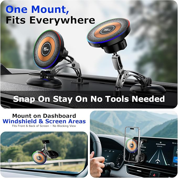 Magnetic for MagSafe Car Mount 15W Wireless Charging, Magnetic Phone Holder for Car with Vacuum, 360°Adjustable Metal Head &Extension Rod, Cell Phone Holders for Your Car for iPhone17/16/15/14/13/12