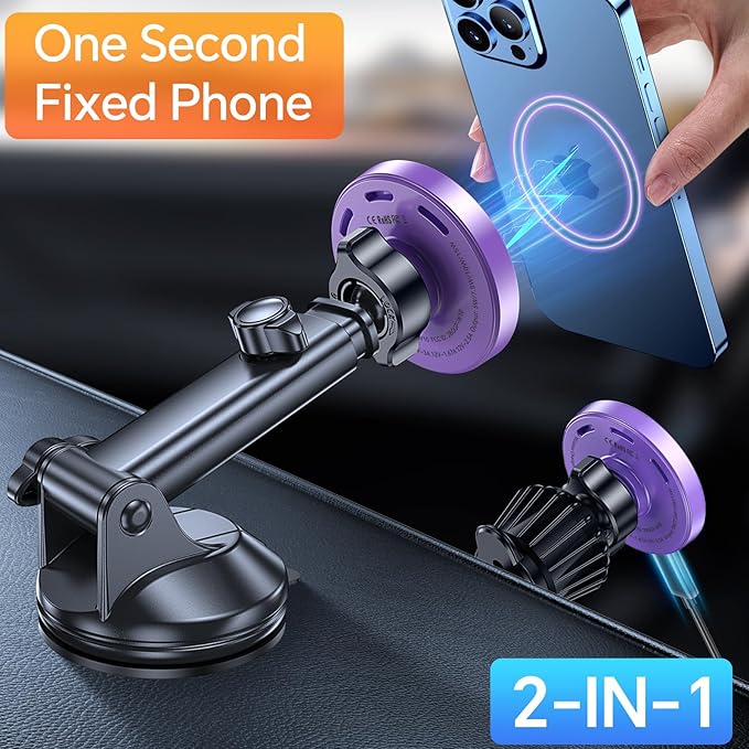Coolpow for MagSafe Car Mount Charger【Ultra Magnet】 Magnetic Phone Holders for Your Car Charger【Windshield+Vent+Dash】 Magnetic Wireless Car Phone Holder Charger Car Mount for iPhone 17 (Purple)
