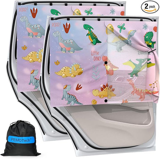 Car Window Shades with 8 Magnets-26.8"x19.7" Car Rear/Side Window Sunshade for Baby Semi-Transparent 2-in-1 Universal Auto Sun Shade for Kid & Pet Protection (2 Pack) Dinosaur Cartoon