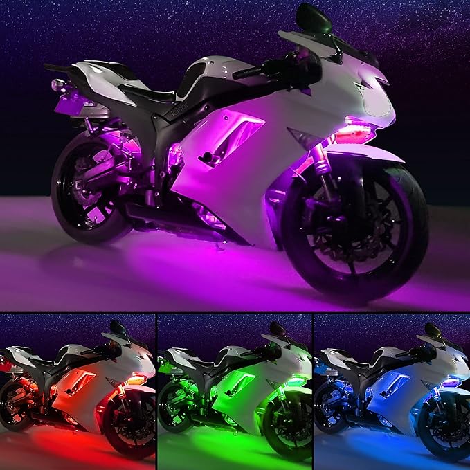 Motorcycle LED Underglow Kit, icicar 12 Pcs APP/RF Control Multicolor Motorcycle LED Light Kit with Brake Turn Signal, IP68 Waterproof & Music Sync Ambient Light for Motorcycles