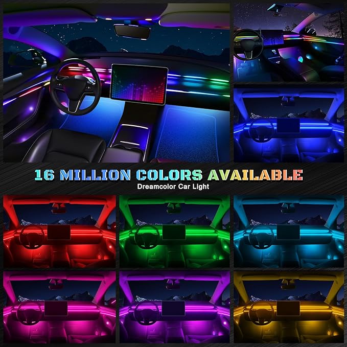 Dreamcolor Acrylic Interior Car LED Strip Light with Wireless APP, RGB 22 in 1 with 175 inches 612 LEDs Fiber Optic Strip Lights for Car, Dual Zone Symphony Neon Car Ambient Lighting